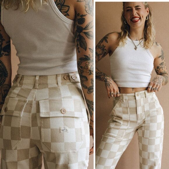 P&Co 304 Service Fatigue Pants Stone Checkerboard Womens Size UK 8/US 4 Short - Picture 2 of 15